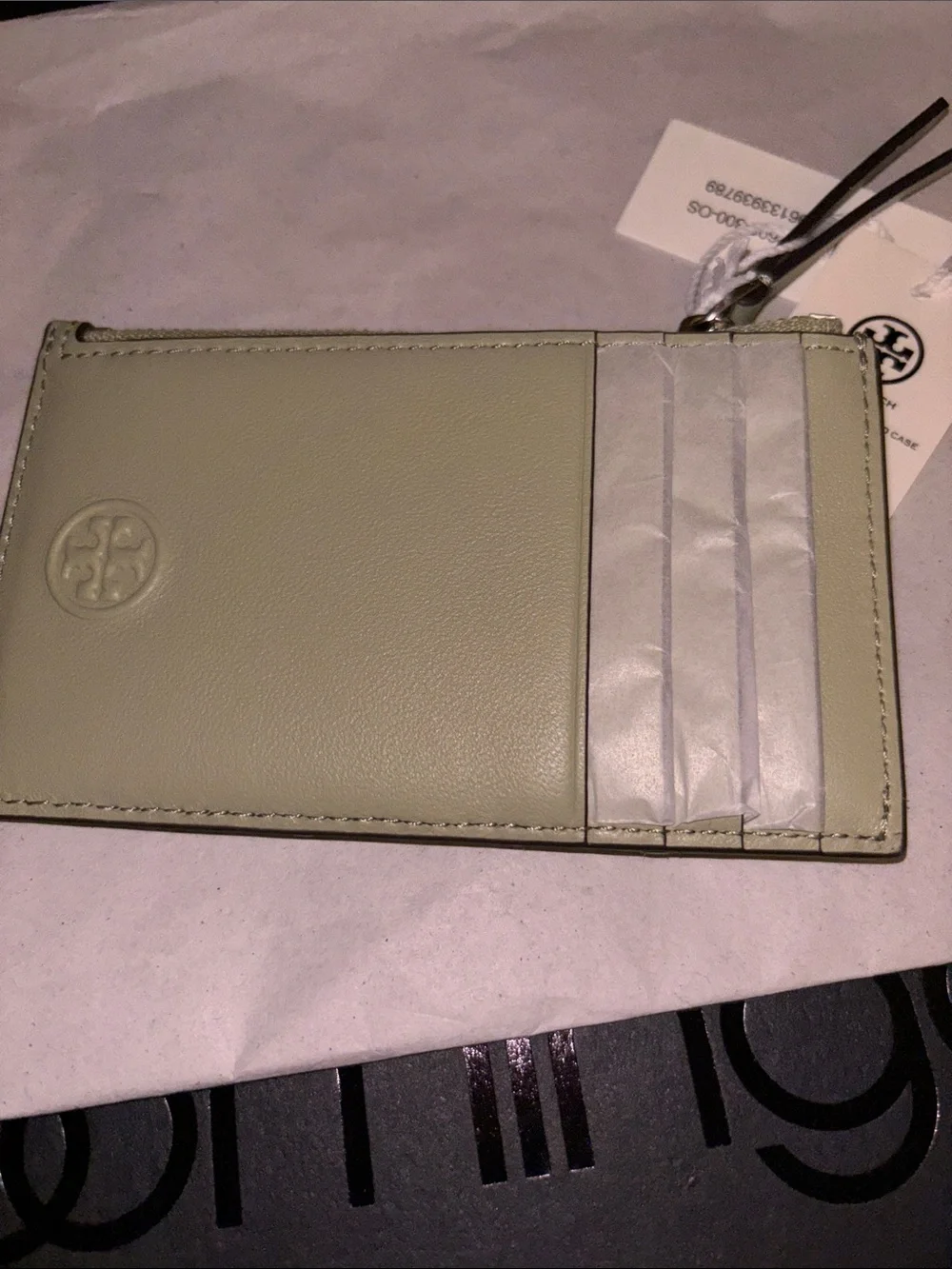 Tory Burch Olive Sprig Leather Zip Card Case